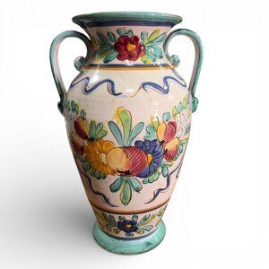 Vintage Hand Painted Ceramic Vase Floral Majolica Art Pottery Decorative Urn